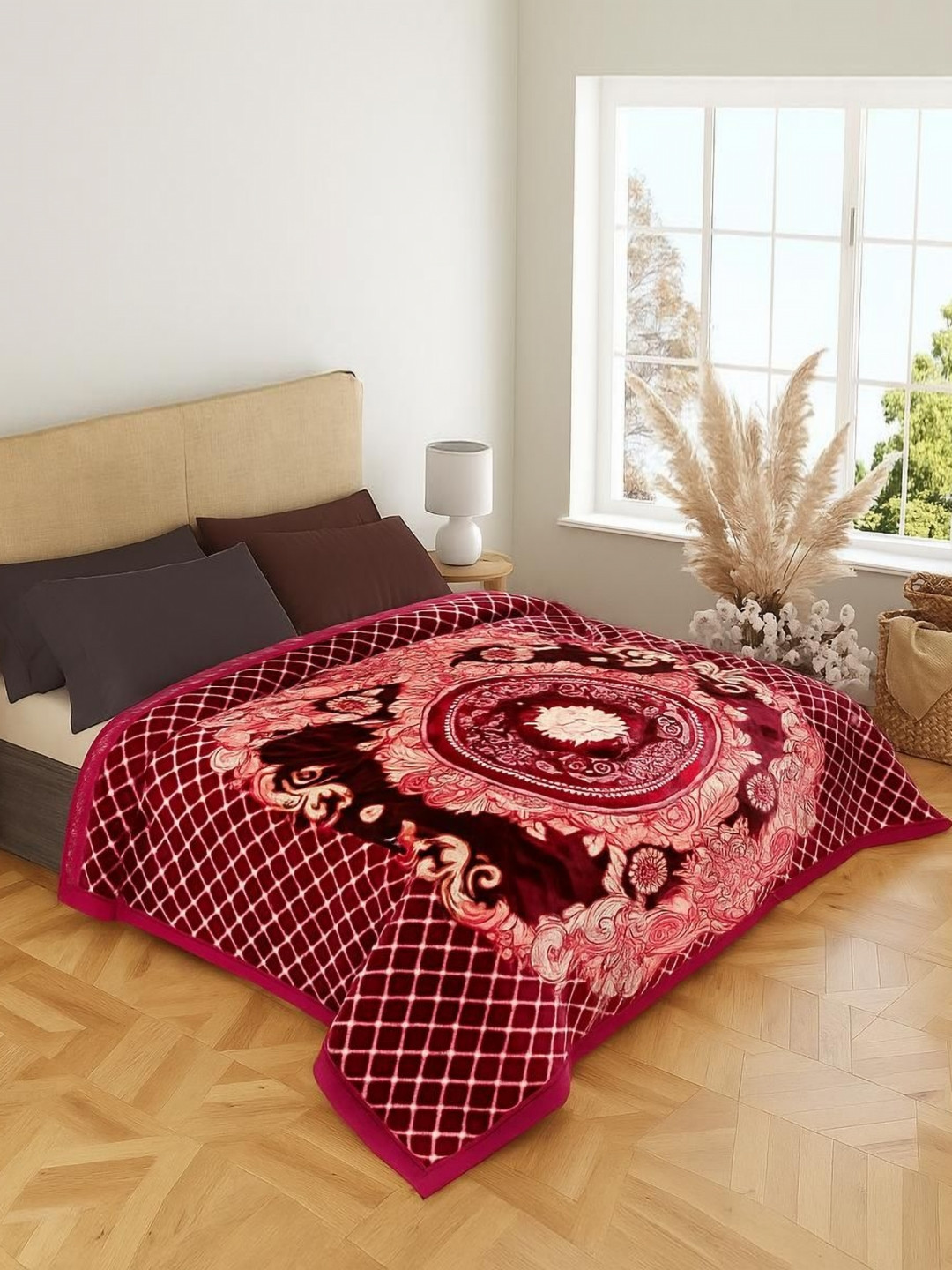 Nivasam Maroon & White Ethnic Motifs Mink Heavy Winter 900 GSM Double Bed Blanket