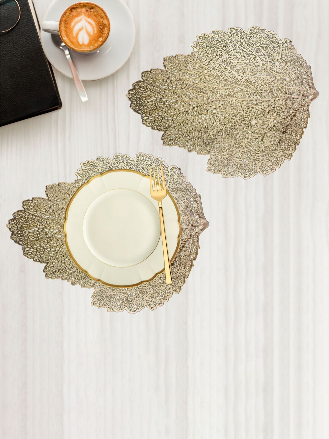 Aura Gold-Toned 2 Pieces Textured Patta Shaped Table Placemats