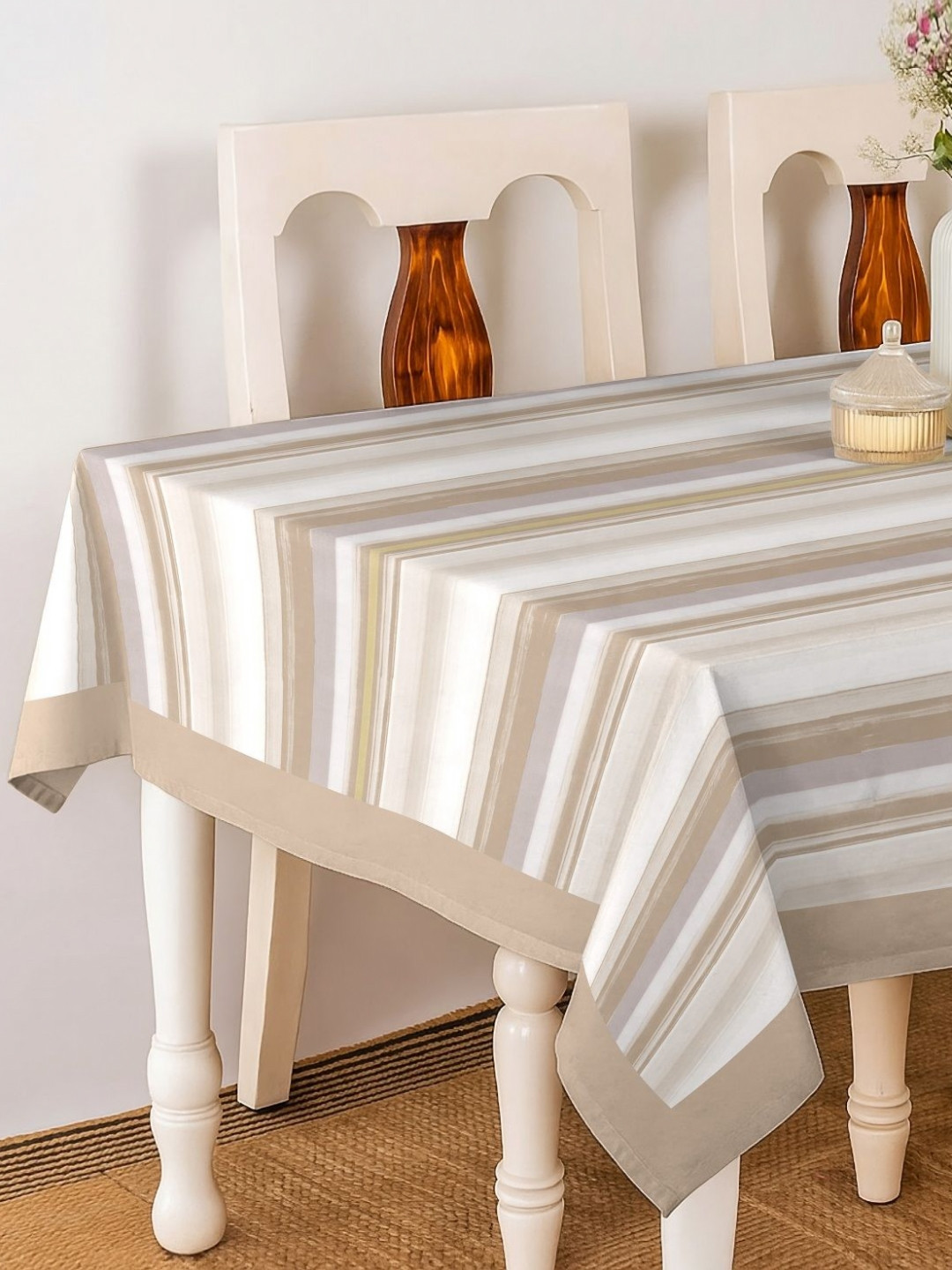 CASABLEU Coffee Brown & White Striped 6-Seater Table Cover