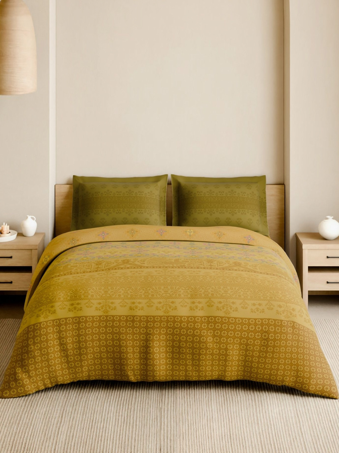 Spaces Yellow Cotton 210 TC Floral Print King Size Bedsheets With 2 Pillow Cover