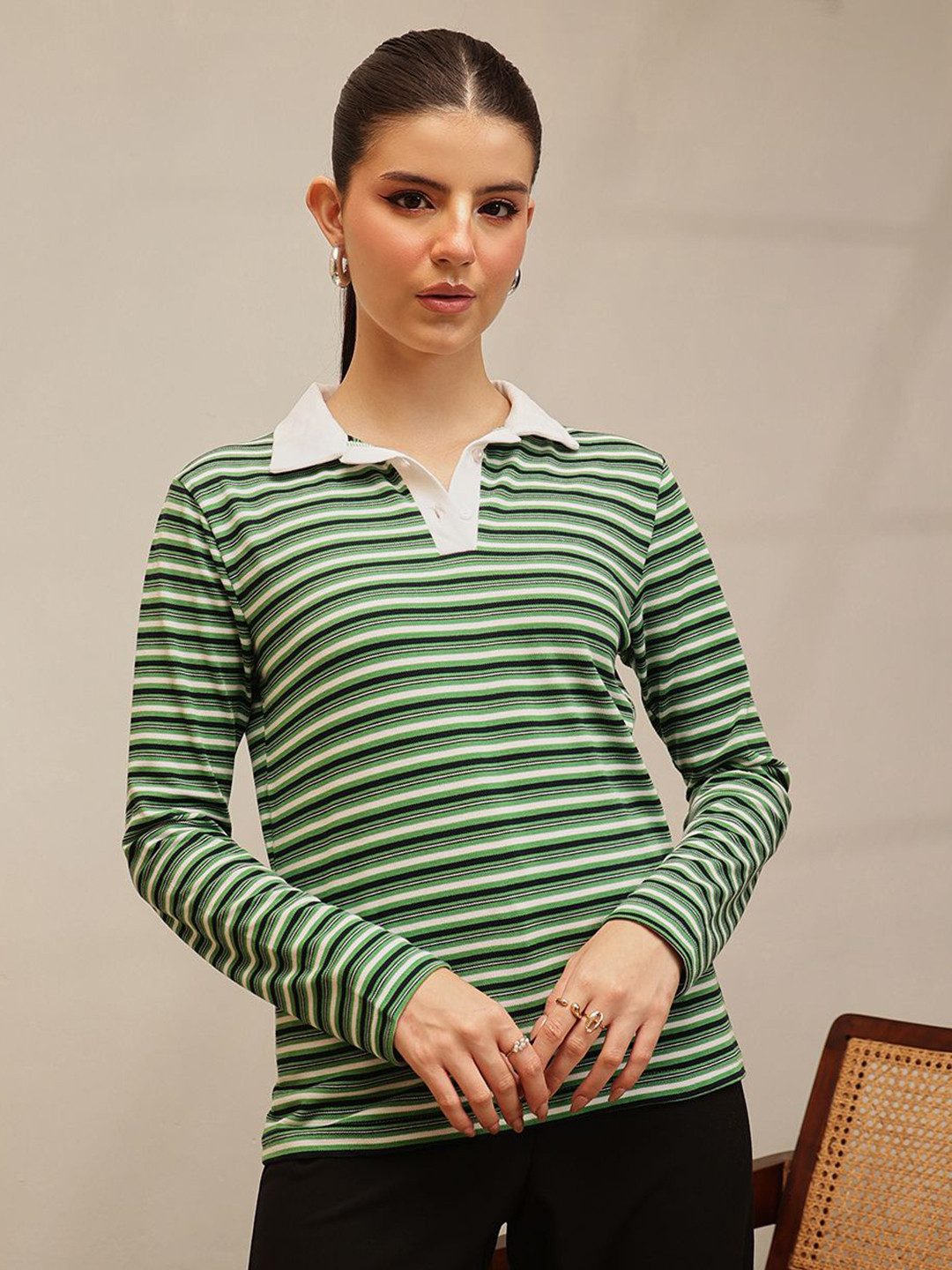 STREET 9 Striped Polo Collar Pure Cotton T-Shirt