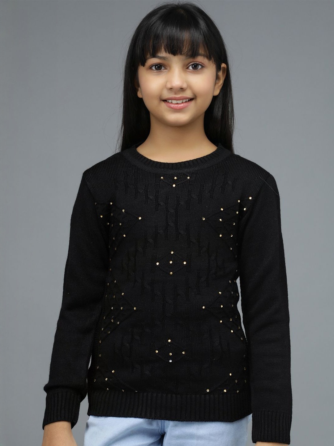 Anixa Girls Black Solid Wool Sweaters