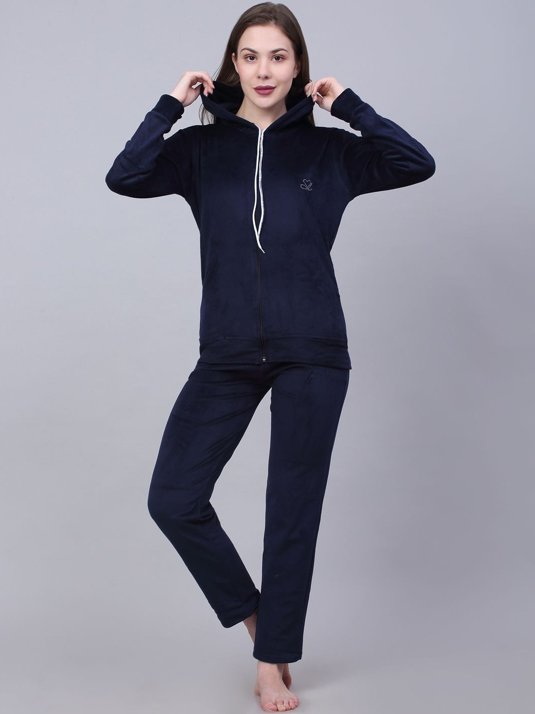 Trend Level Women Navy Blue Solid Hooded Sweatshirt With Trousers