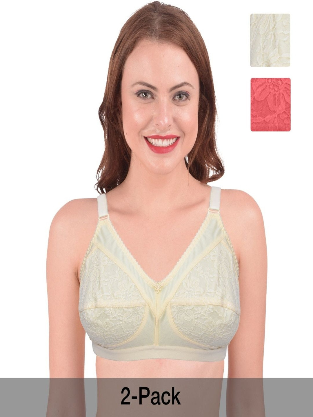 Ninteen-69 Women Full Coverage Non-Padded Seamed Non-Wired D-Cup Bra- SkinRed (Pack Of 2)