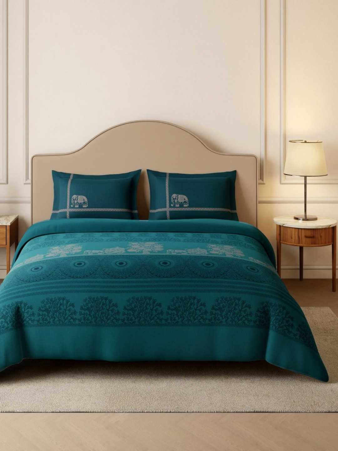 SPACES Teal & Black Madhubani Print 210 TC King Bedsheet with 2 Pillow Covers