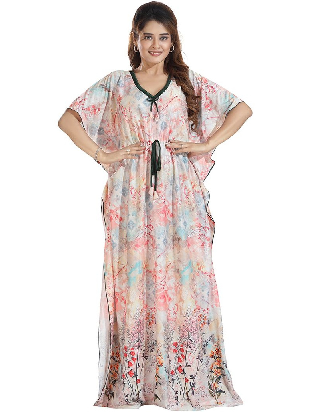 Moda Rapido Women Multi Colored Printed Polyester Maxi Kaftan Nightdress