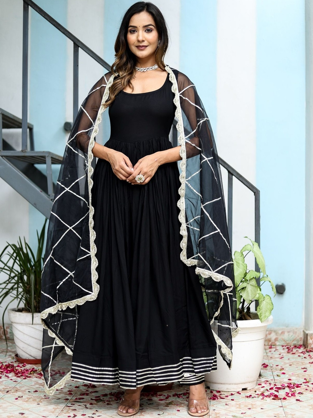 Angkor  Tiered Gotta Patti Anarkali Kurta With Trouser And Dupatta