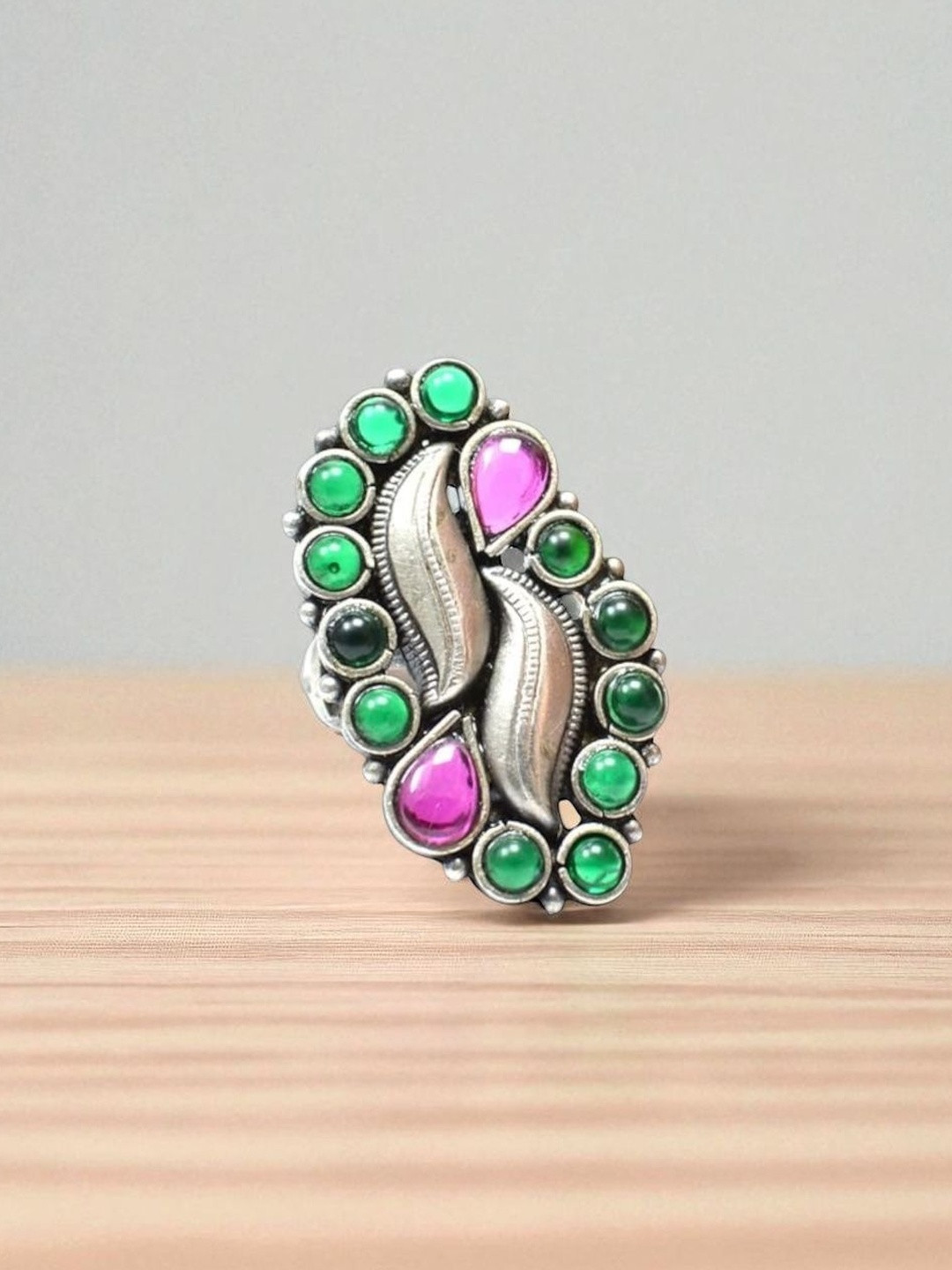 Azita Women Green & Silver-Plated Oxidised Sterling Silver Cocktail Ring