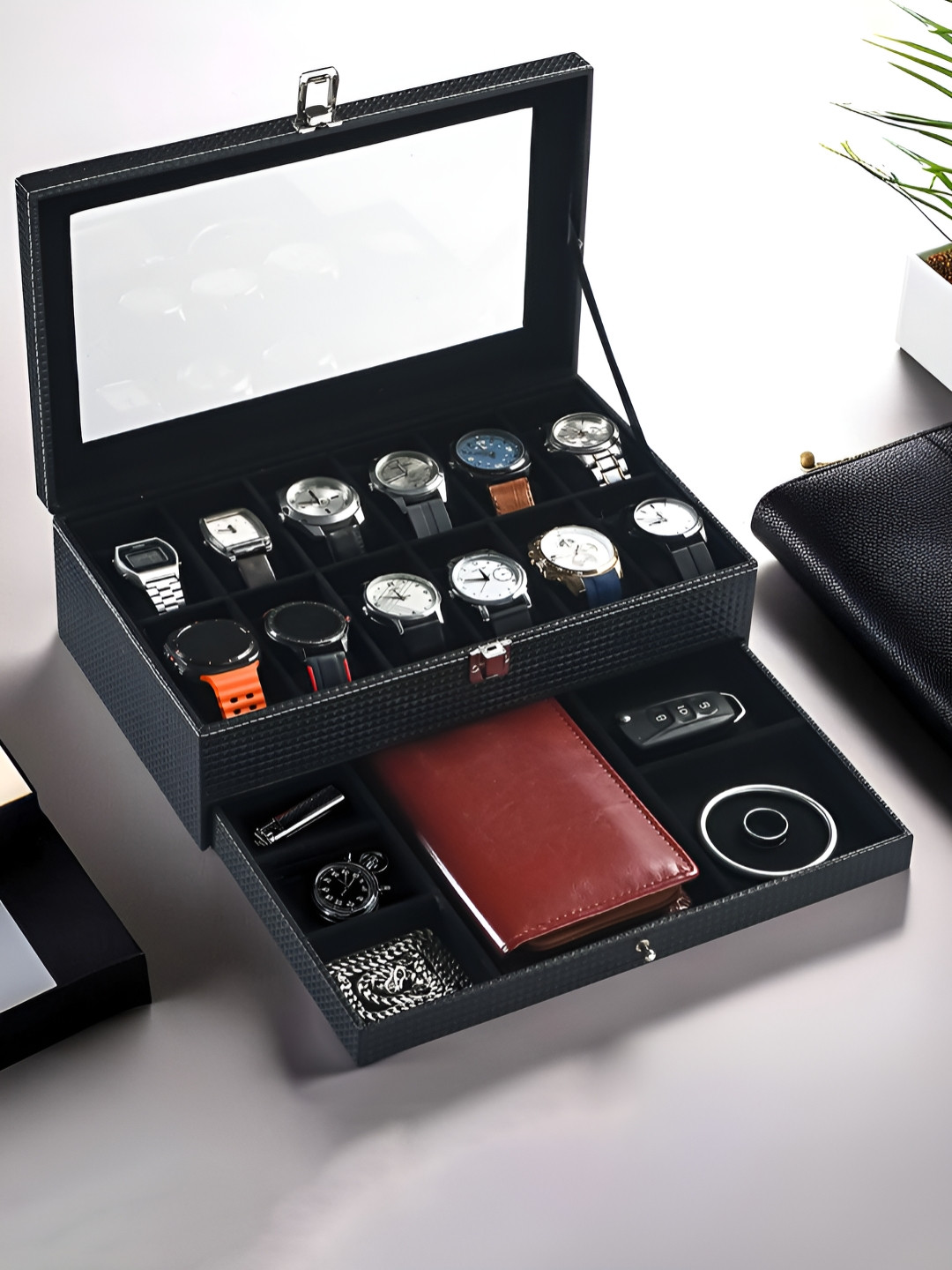 Aura Black 12 Slot Wrist Watch Organiser Glass Top Closet Box