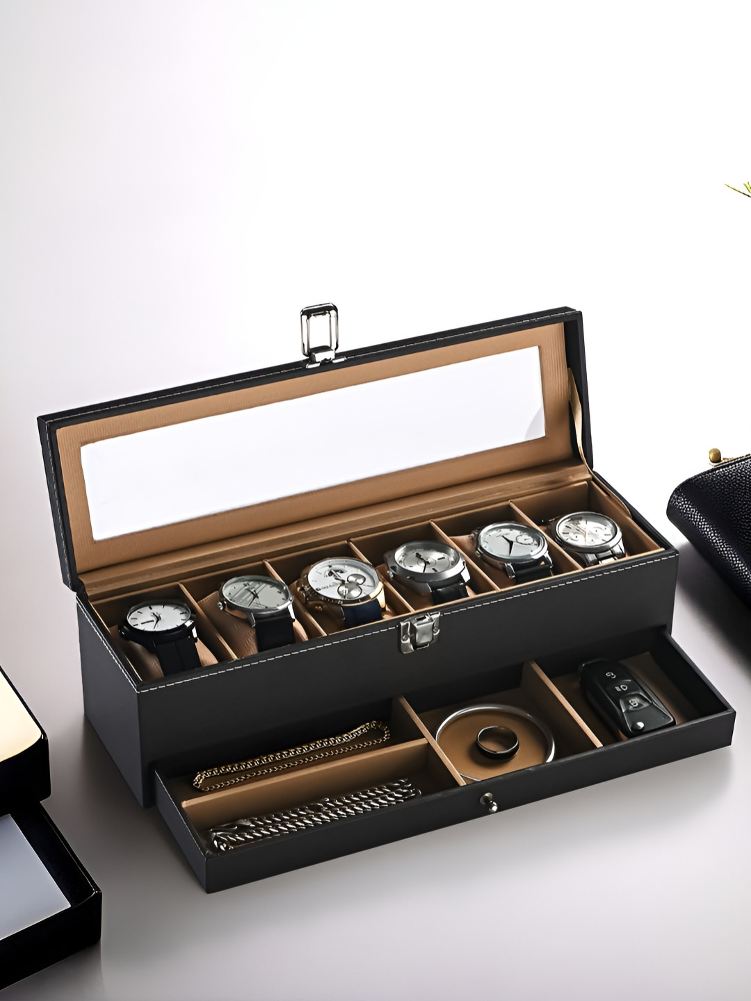 RUBOXA 6 Slot Brown & Gold Wrist Watch Organiser