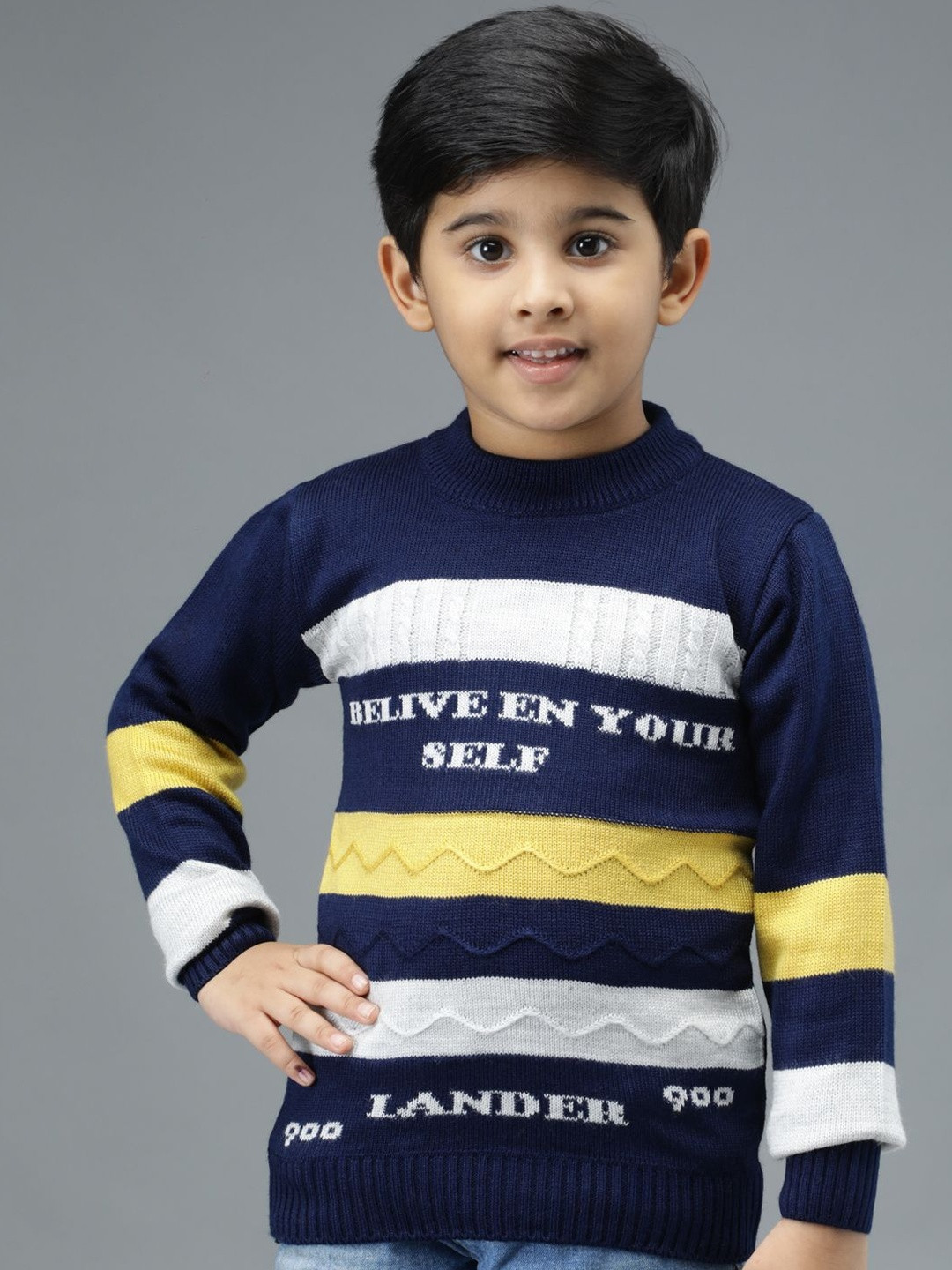Anixa Boys Navy Blue Striped Wool Sweaters