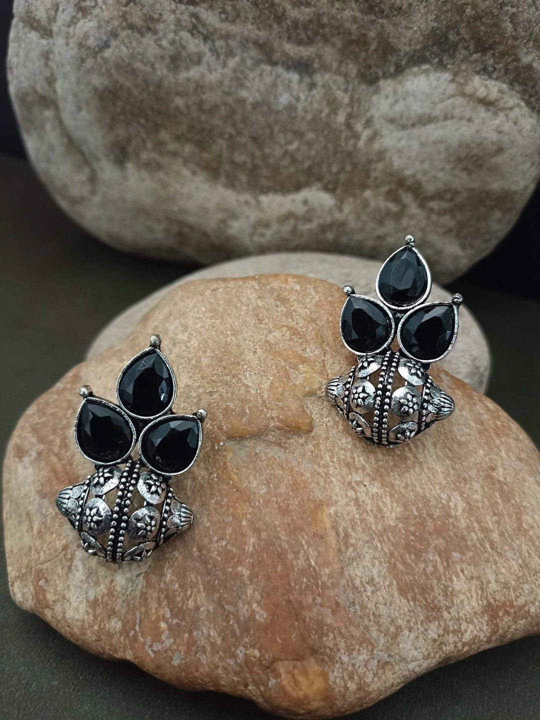 Sanjog German Silver Artificial Stones Studded Oxidised Teardrop Shaped Studs