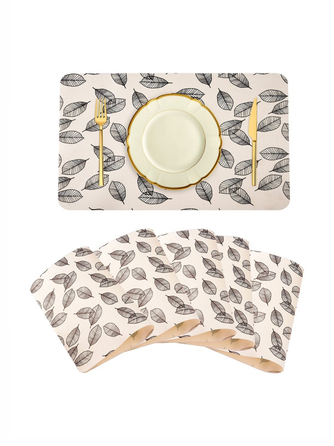 Aura Ceam-Colored & Black 6 Pieces Leaf-Printed Heat-Resistant Table Placemats