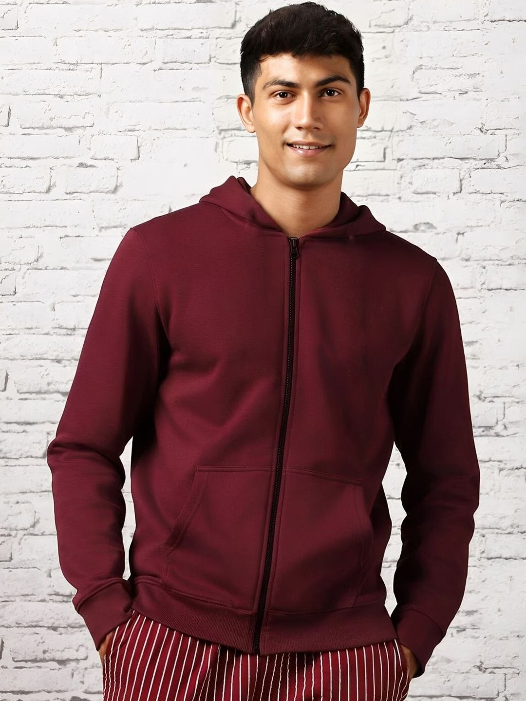 Kushi Flyer Men Maroon Solid Fleece Hooded Open Front Jacket