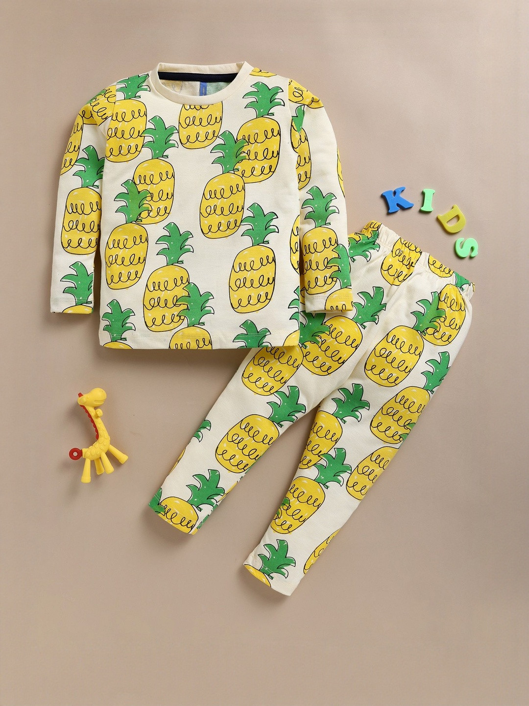 YK Girls Yellow and Green Printed Night suit