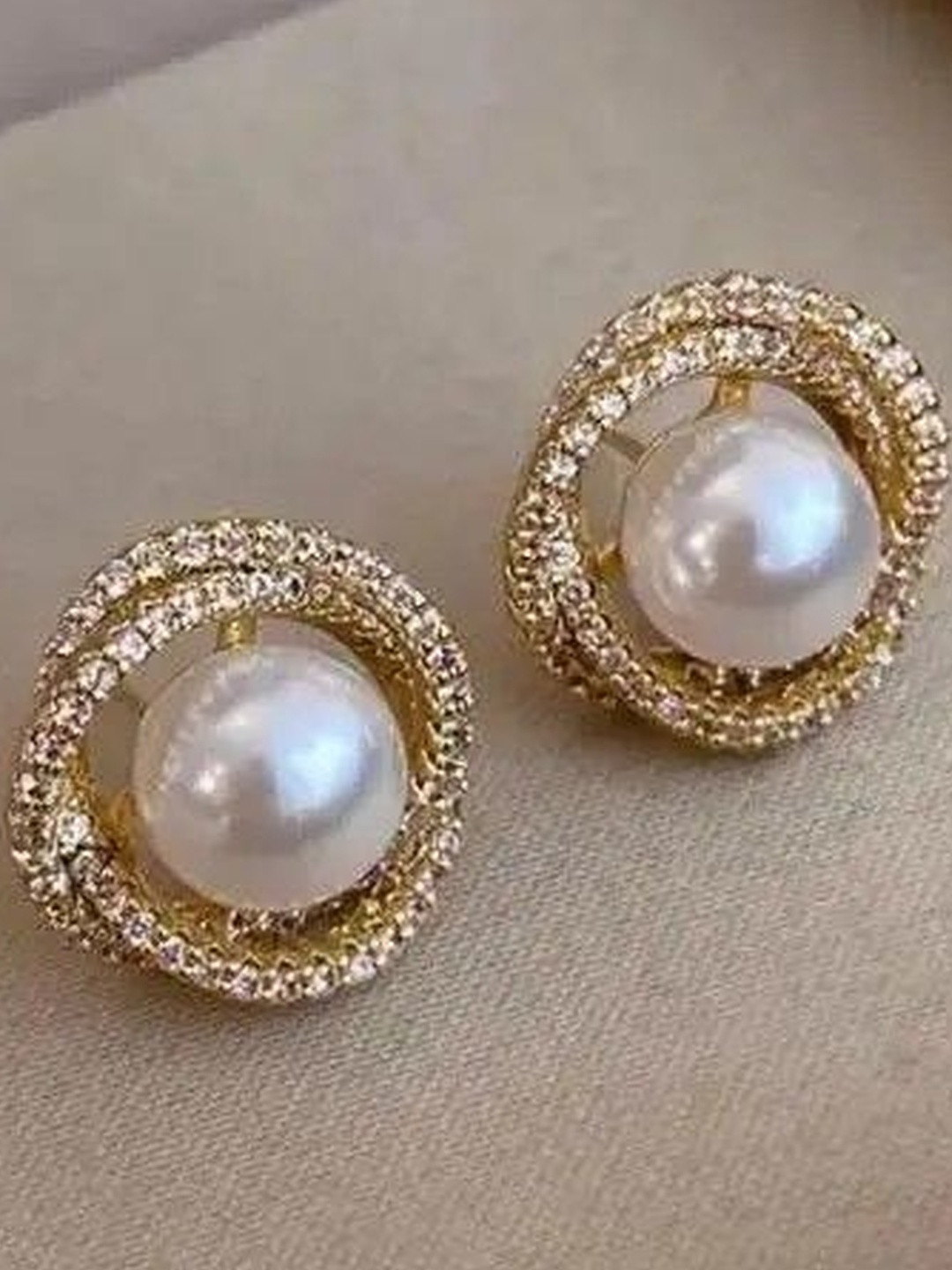 Simran Creation Korean Gold-Plated Artificial Stones Studded & Beaded Circular Studs