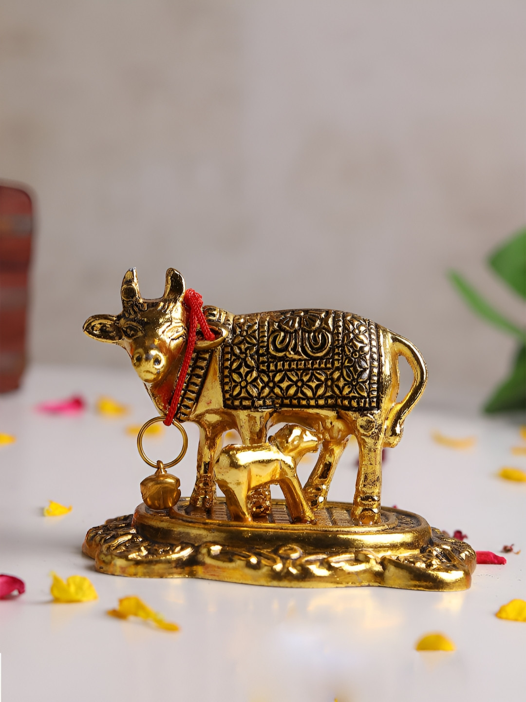 HABERE INDIA Gold-Toned & Black Kamdhenu Cow With Calf Religious Idol Showpiece