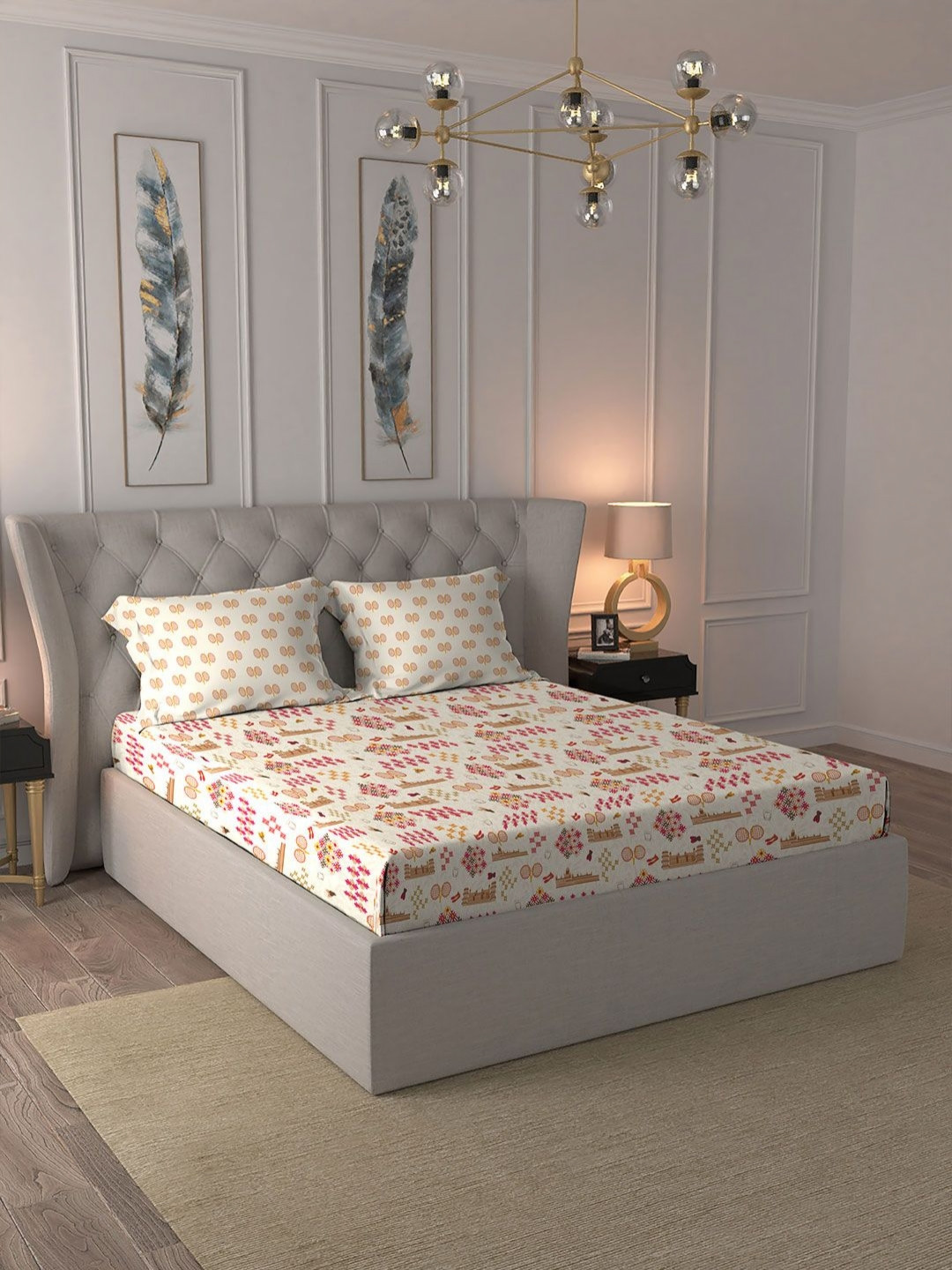 MYTRIDENT Multicoloured 144 TC King Size Bedsheet with 1 Pillow Covers