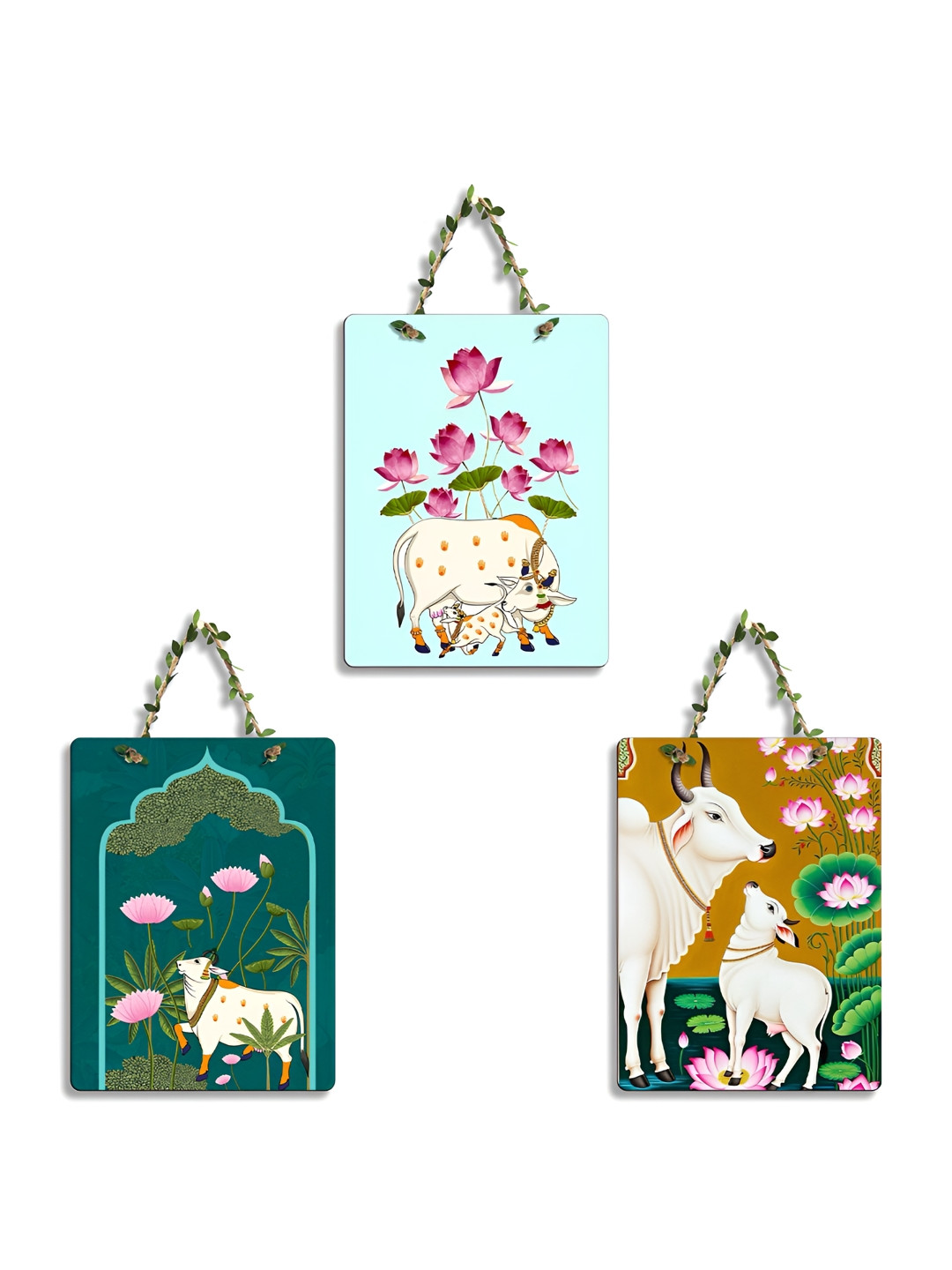 SEHAZ ARTWORKS Off White & Green 3 Pieces Floral Square Shaped Wooden Wall Paintings