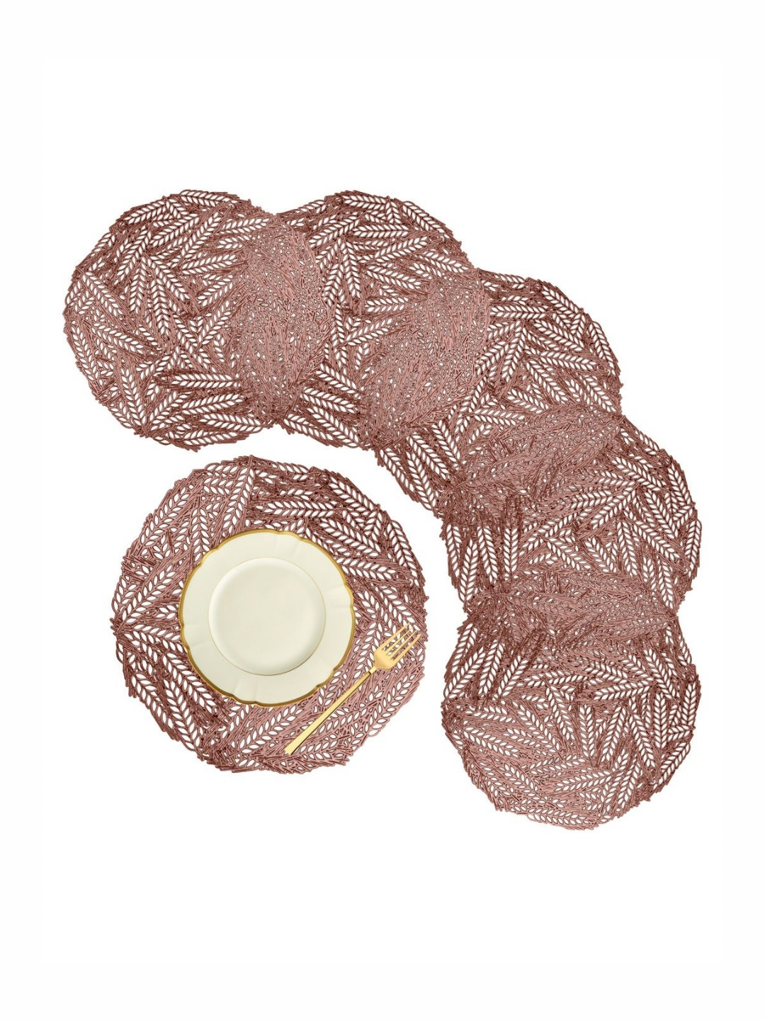Aura Rose Gold-Toned 6 Pieces Self-Design Leather Round Shape Table Placemats