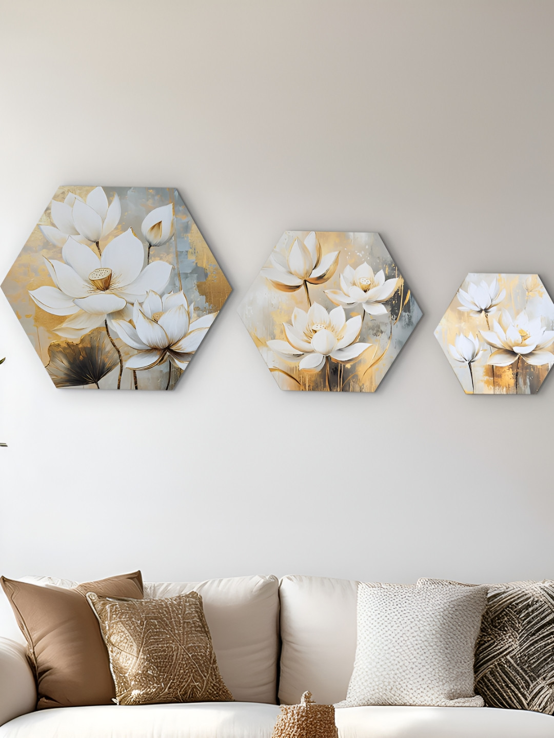 Home Centre Brezza Off White & Beige 3 Pieces Lotus Printed Wall Arts