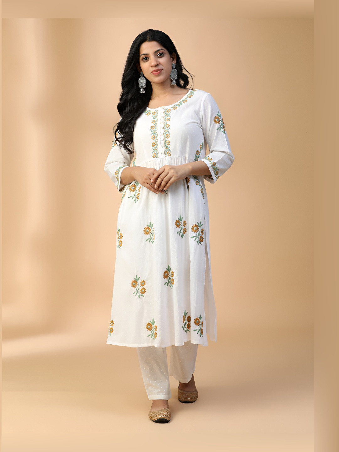 SEMAL HANDICRAFTS Women Floral Embroidered Cotton A-Line Kurta with Trousers