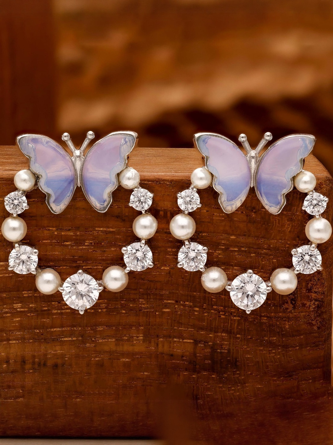 AMONROO 925 Sterling Silver Rhodium-Plated Butterfly Shaped Cubic Zirconia Studs Earrings