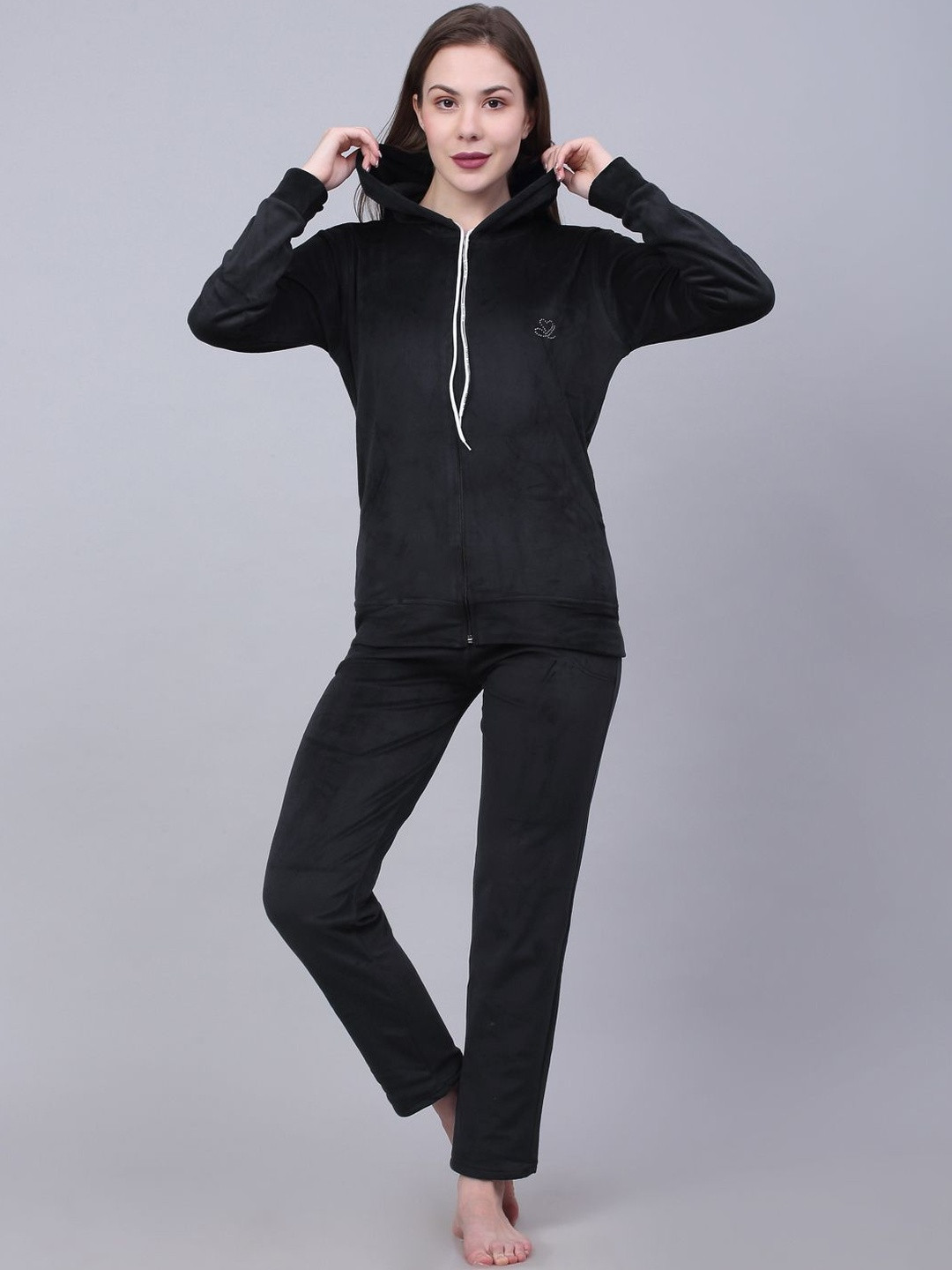 Trend Level Women Black Solid Hooded Sweatshirt With Trousers