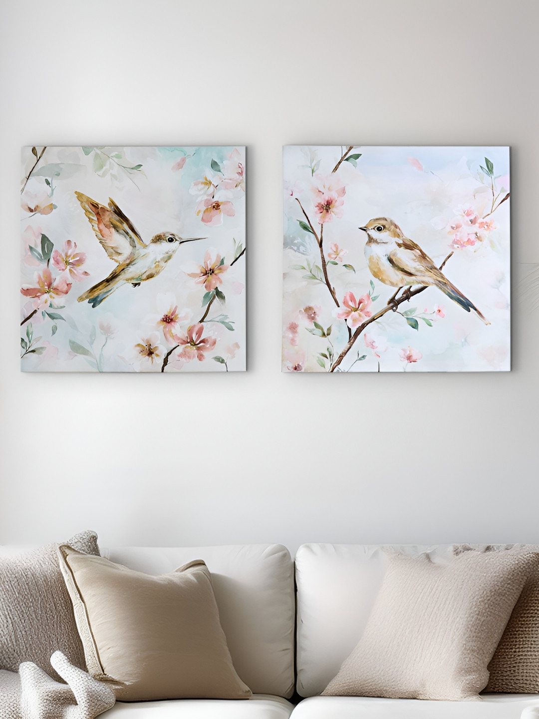 Home Centre Brezza 2-Pcs Off White & Blue Birds Printed Wall Art