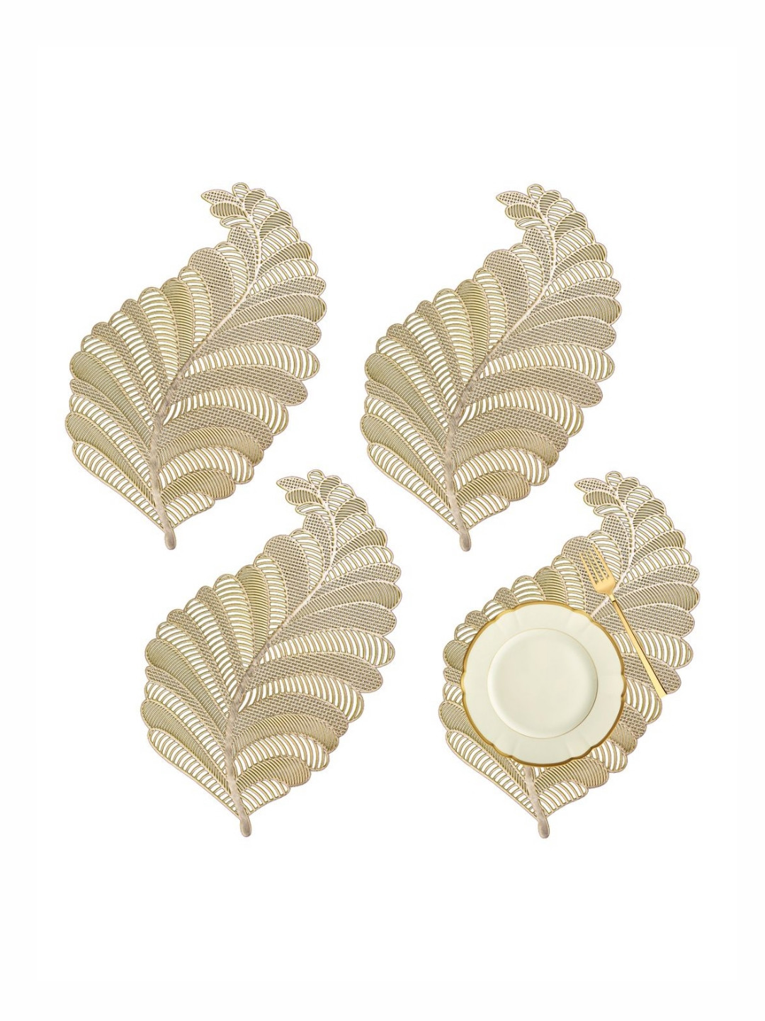 Aura 4-Pcs Yellow Self-Design Leather Leaf Shape Table Placemats