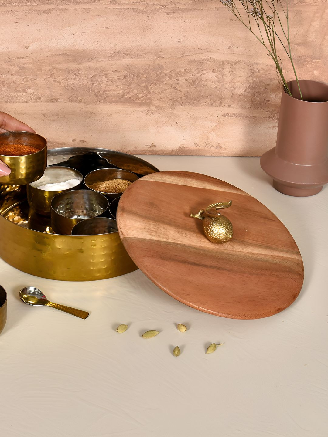 Living With Elan Gold & Brown Easy To Clean Wooden Spice Box