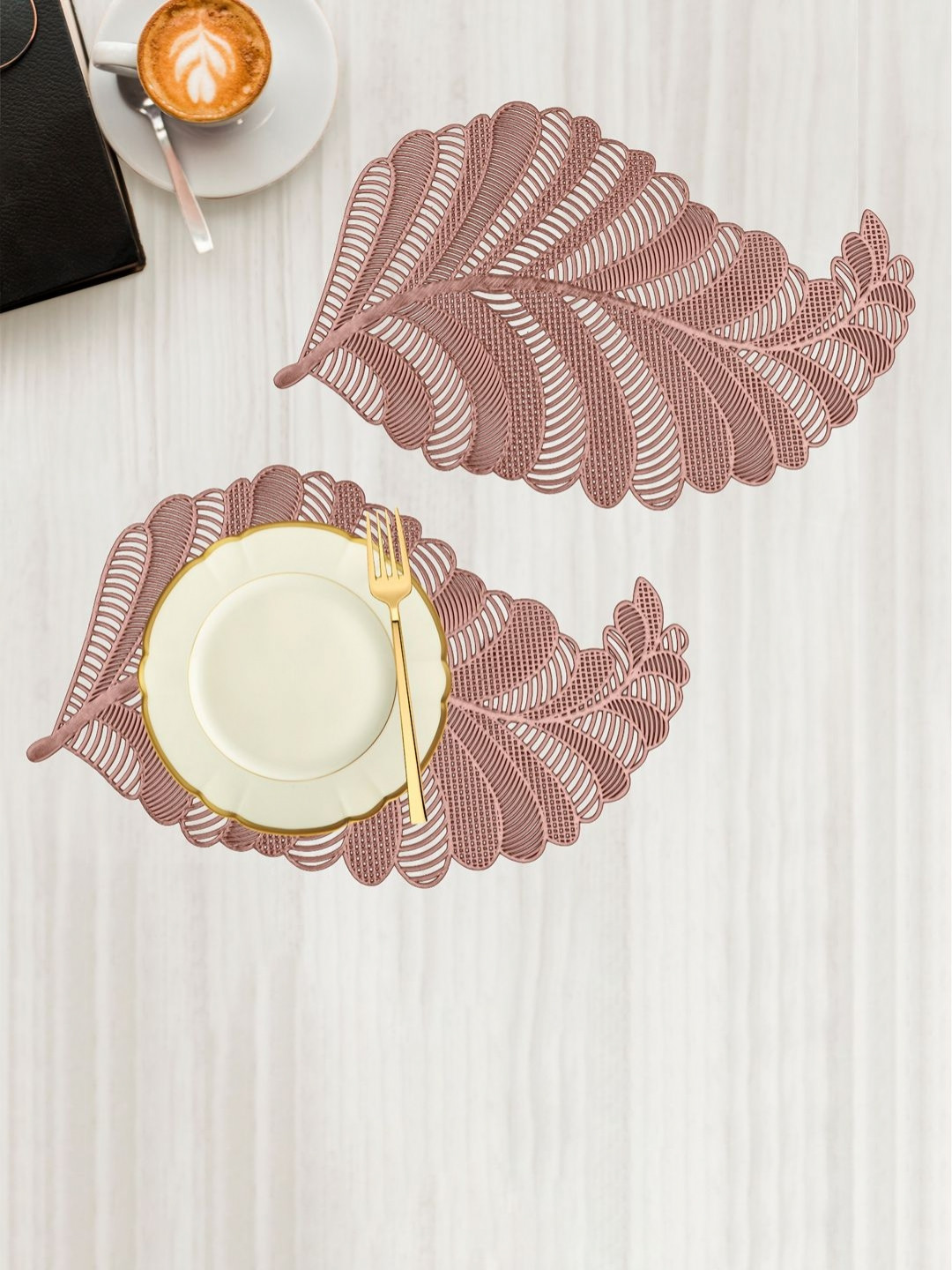 Aura Rose Gold-Toned 2 Pieces Self-Design Leather Leaf Shape Table Placemats