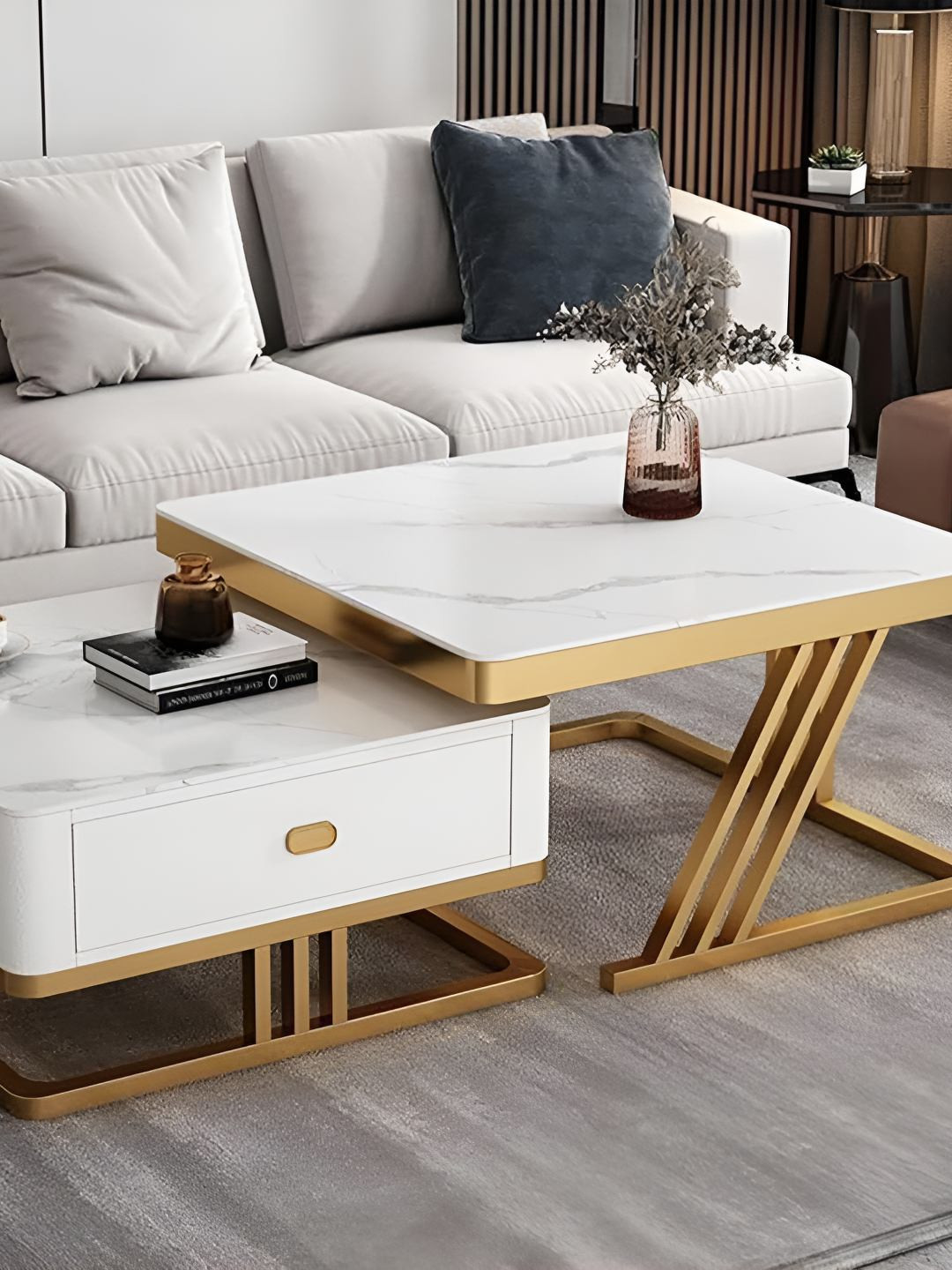 Rizik Store White & Gold Toned 2 Pieces Square Wooden Nesting Table