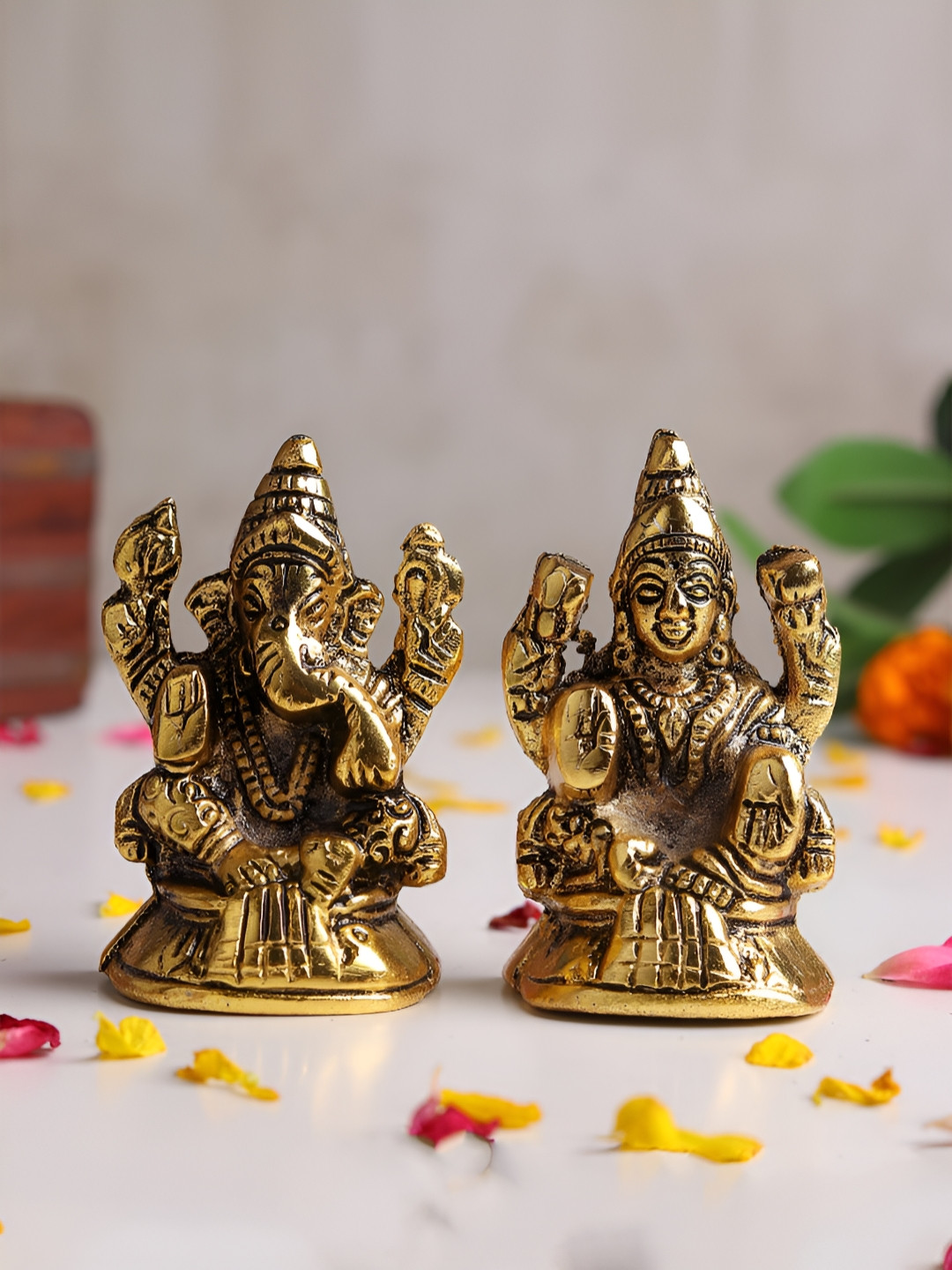 HABERE INDIA Gold-Toned 2 Pieces Goddess Laxmi Ganesh Metal Idol Showpieces