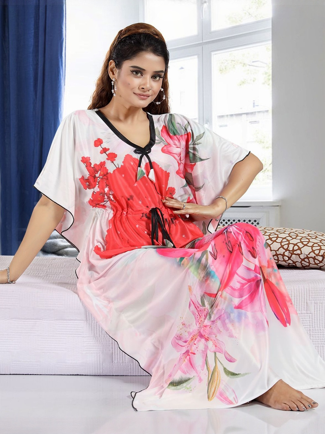 Moda Rapido Women White Polyester Striped Maxi Kaftan Nightdress