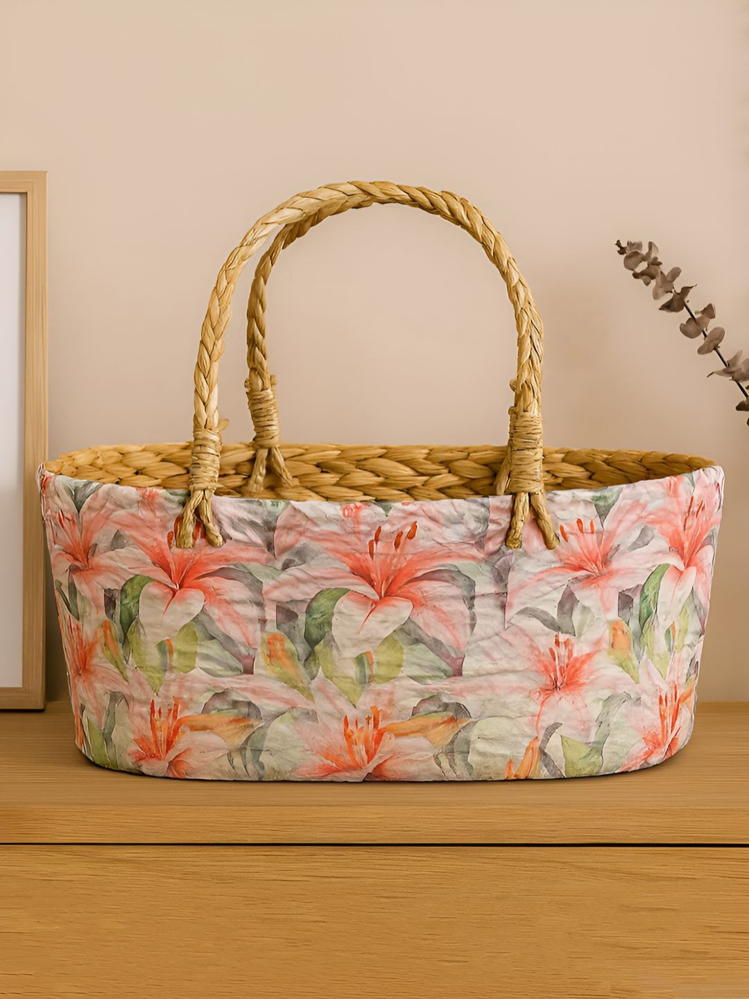 HABERE INDIA Brown & Pink Printed Seagrass Easy to Clean Fruit and Vegetable Basket