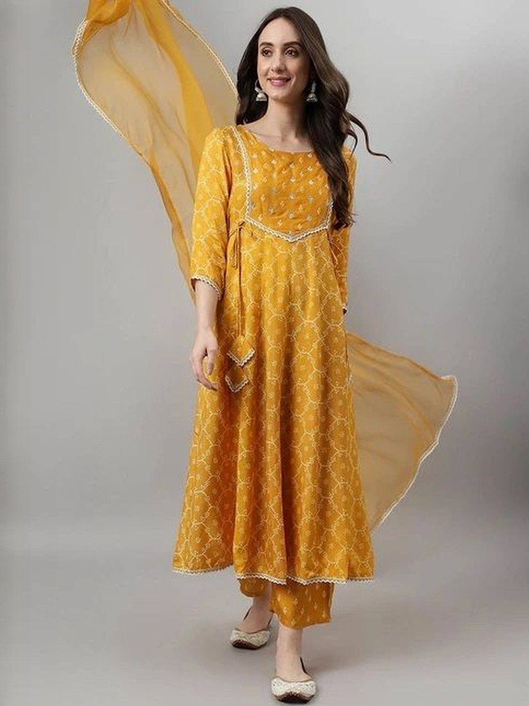 Angkor Floral Printed Round Neck Thread Work A-Line Kurta With Trousers & Dupatta