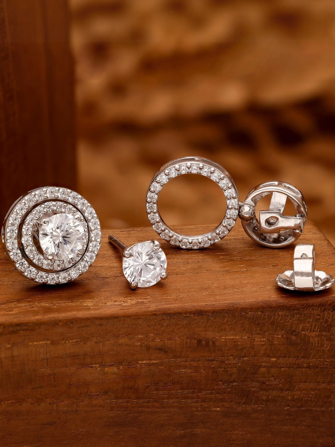 AMONROO 925 Silver Rhodium-Plated Cubic Zirconia Studded CZ Halo Studs
