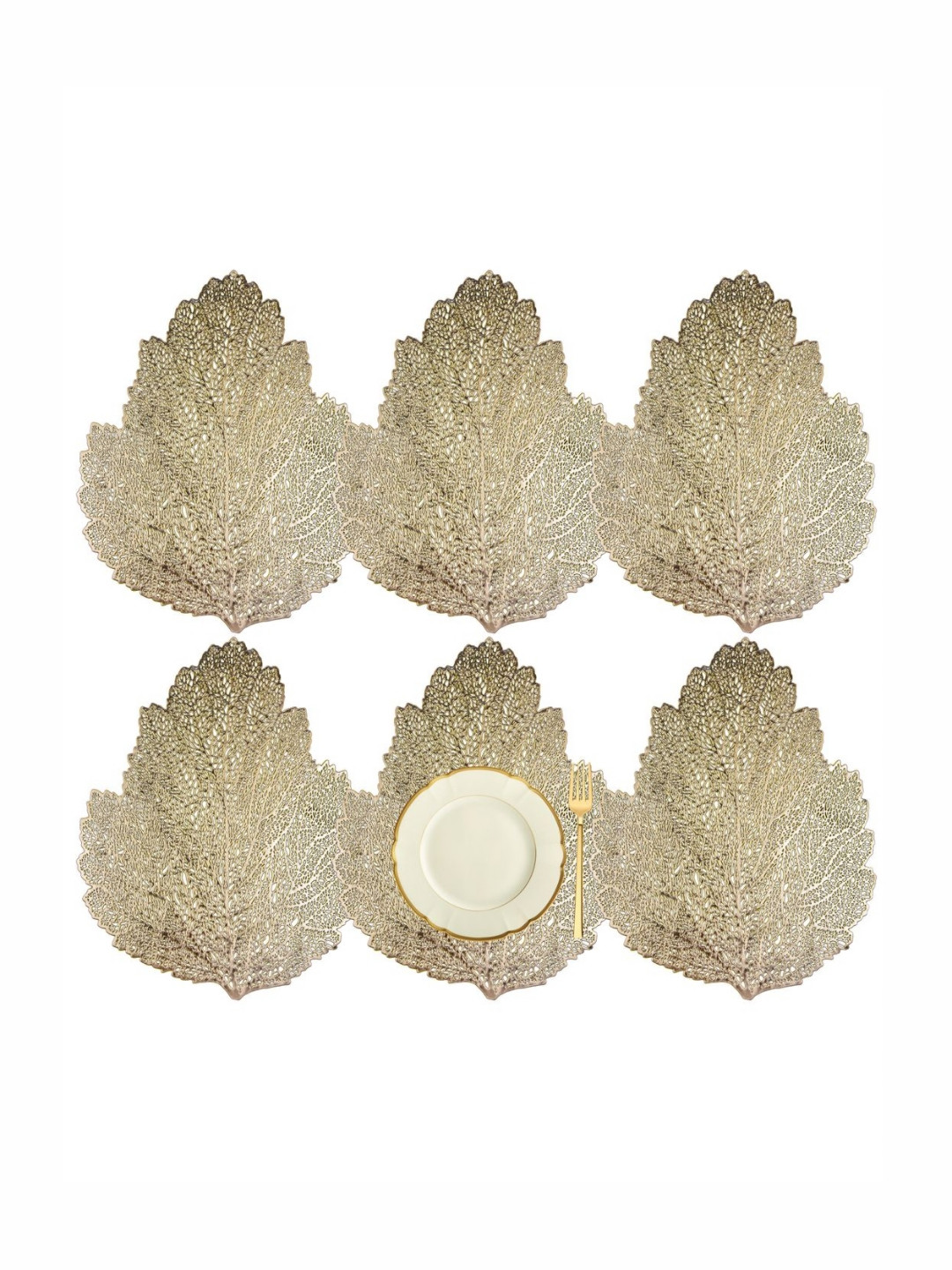 Aura Gold-Toned 6 Pieces Self-Design Leather Patta Shape Table Placemats