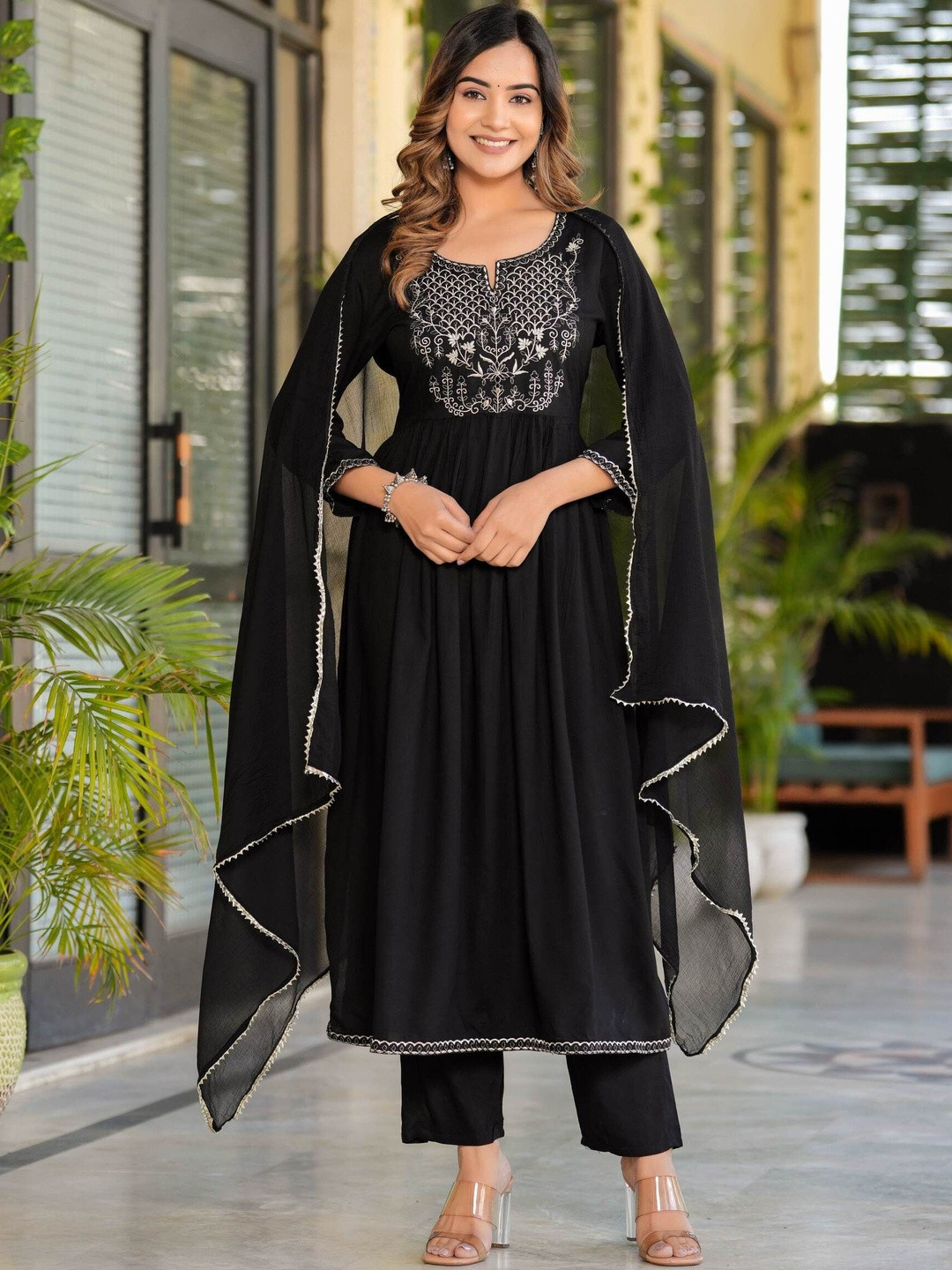 Angkor Women Ethnic Motifs Embroidered Tiered Thread Work Kurta with Trousers & With Dupatta