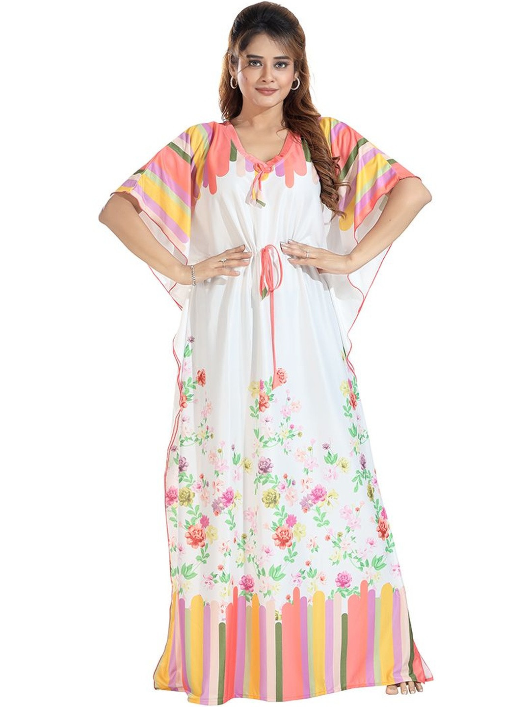 Moda Rapido Women White Polyester Striped Maxi Kaftan Nightdress