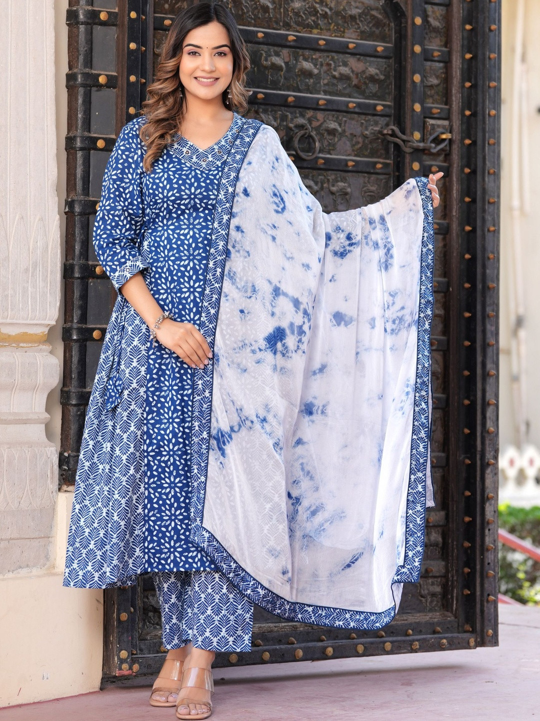 Angkor Ethnic Motifs Printed V-Neck Thread Work A-Line Kurta With Trousers & Dupatta