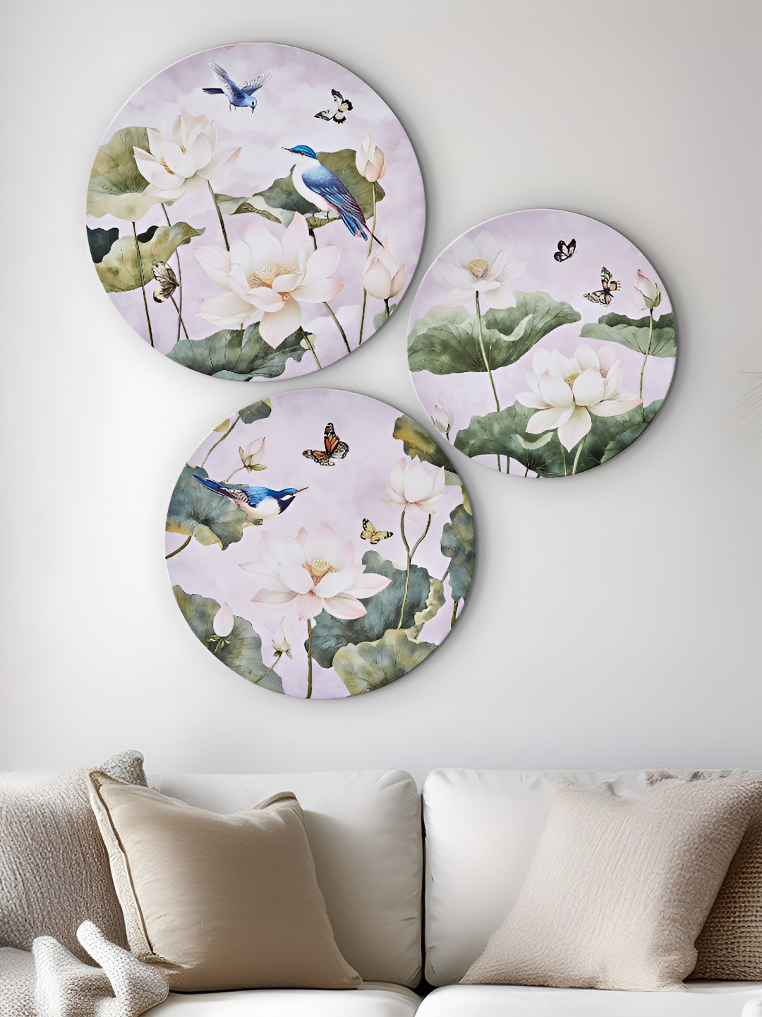 Home Centre Brezza Pink & Green 3 Pieces Lotus & Birds Printed Wall Arts