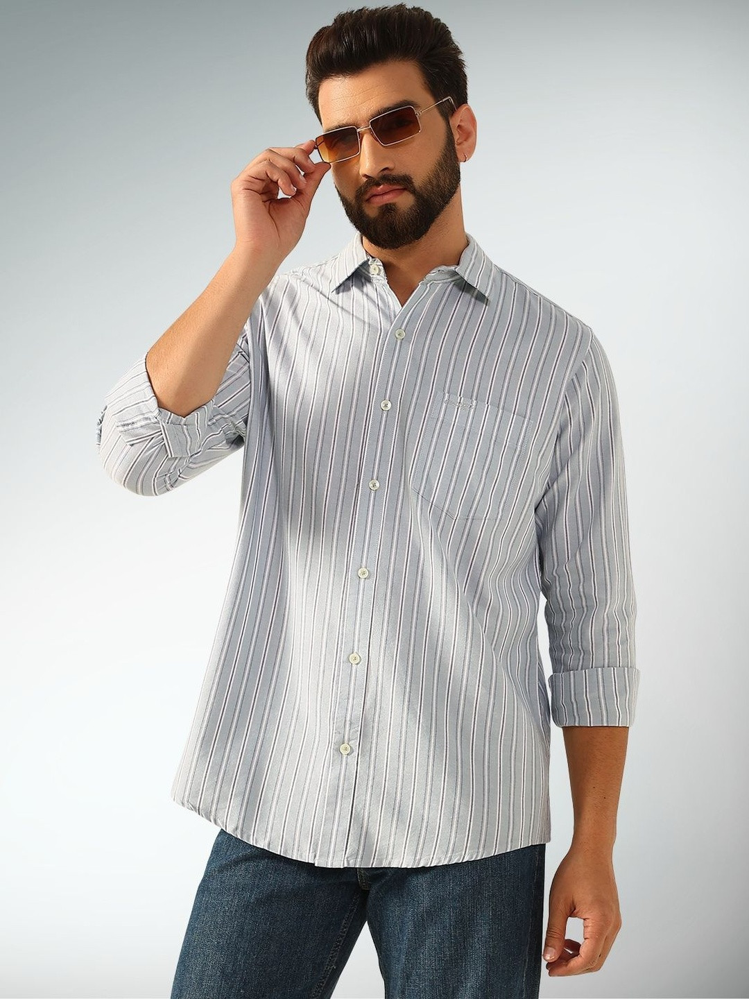 ENSPYR Men Turquoise Blue Striped Casual Shirt