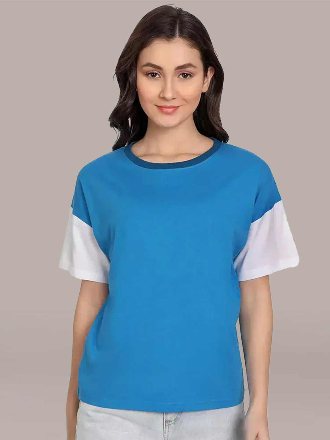iki chic Women Blue Colourblocked Cotton T-shirt