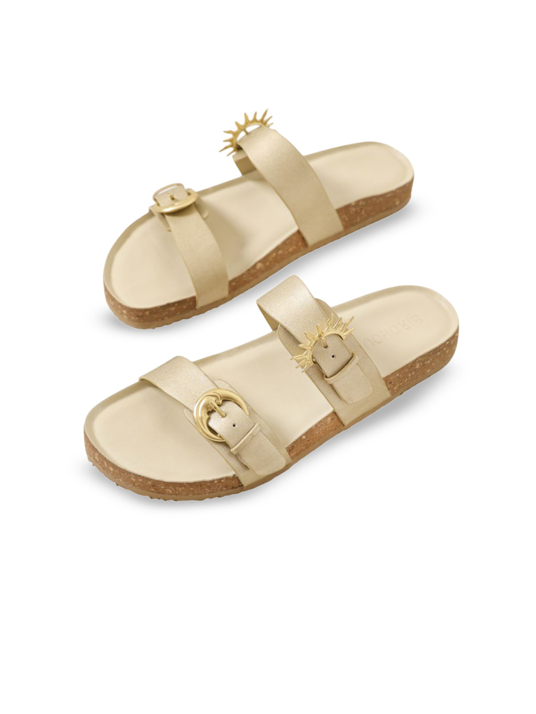 BIRDHOUSE Women Birdhouse Ambar Slides Light Gold Glazed Metallic Tone Open Toe Flats