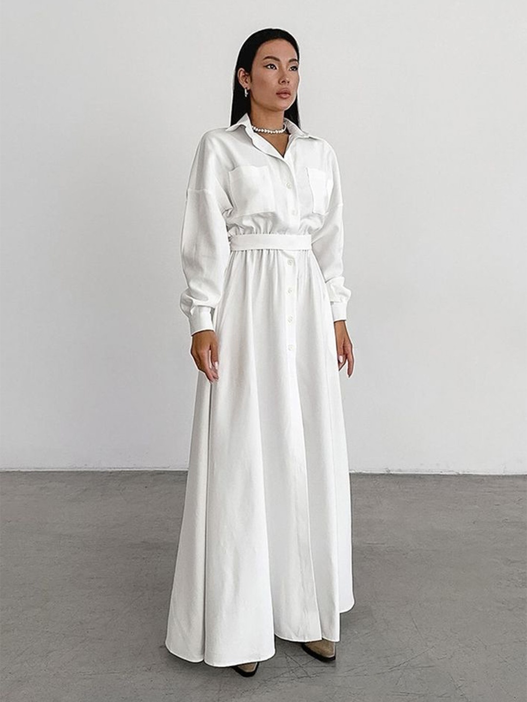 LULU & SKY Women Belted Slits Long Sleeve Shirt Maxi Dress