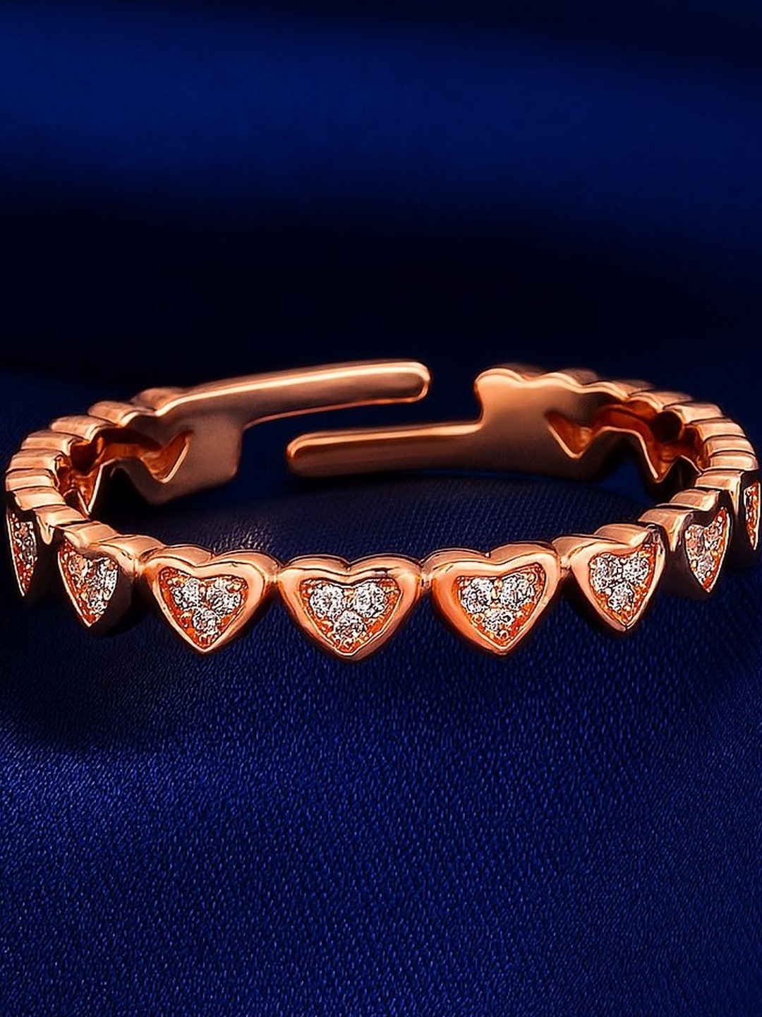 Silver by HM Women 925 Silver Rose Gold Plated Heart Shape Stone Studded Adjustable Ring