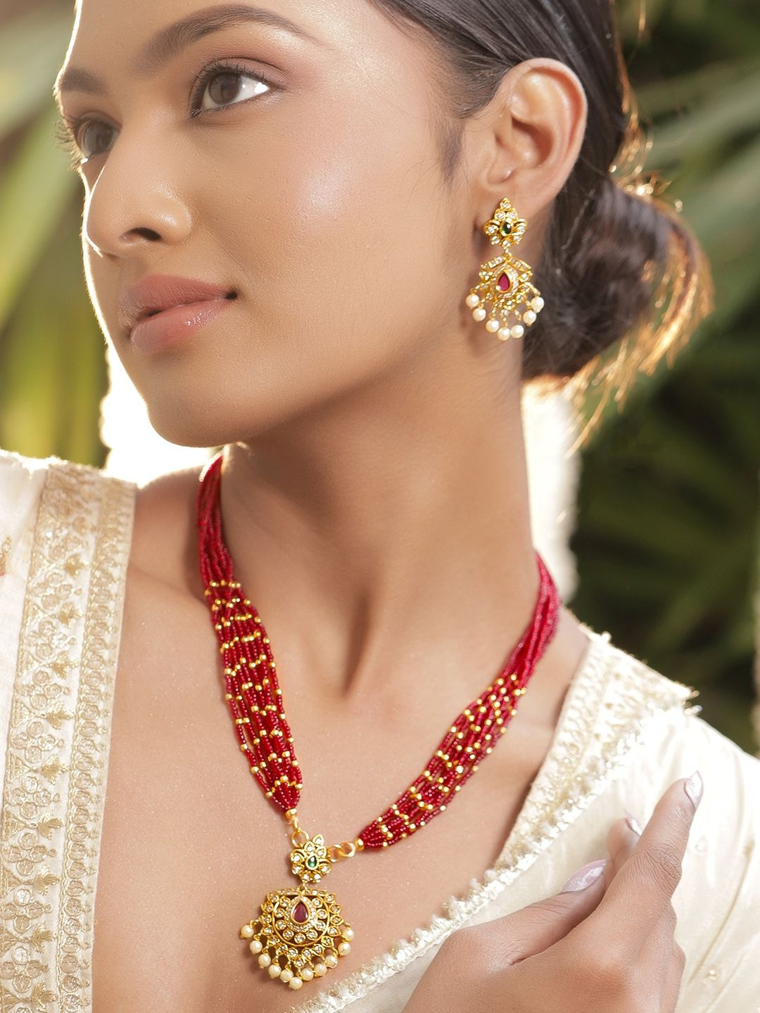 Rubans 22K Gold-Plated Ruby Red MultiStrand Beaded Necklace Set with CubicZirconia & Pearl