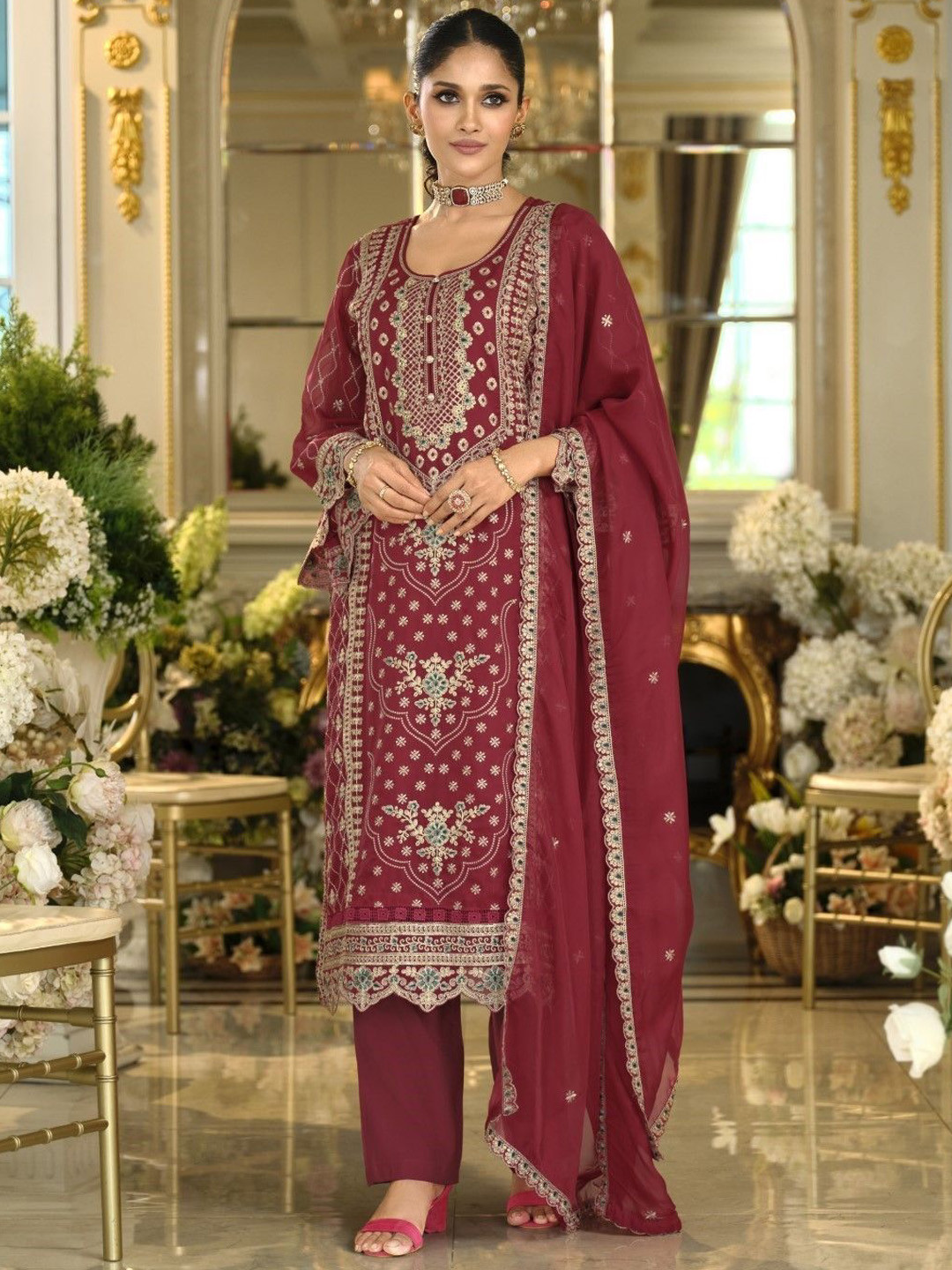 AUTUMN LANE Itrake Rose Floral Embroidered Thread Work Kurta With Trouser & Dupatta